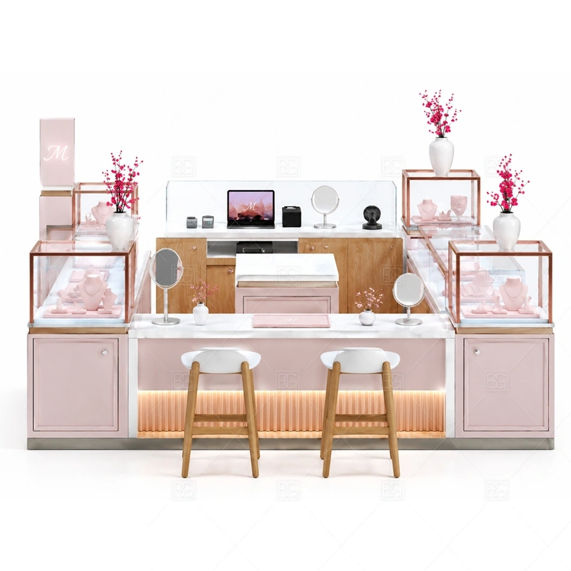 Pink Jewelry Kiosk with Seating Area brand signage detail for brand graphics and soft logo signage coordinated with pink surfaces for fashion jewelry, gifting, and softer customer appeal for the pink jewelry kiosk with seating area front presentation