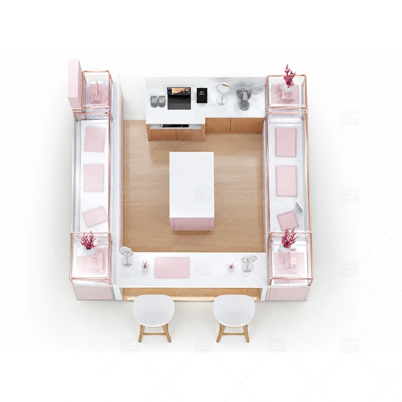 Pink Jewelry Kiosk with Seating Area storage and security detail for under-counter tray drawers, lockable stock cabinets, POS space, and packaging storage planned for pink jewelry kiosk with seating area