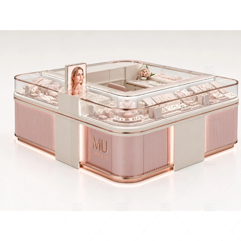 Pink Rounded Jewelry Kiosk with Glass Showcase with pink surfaces for fashion jewelry, gifting, and softer customer appeal shown in the pink rounded jewelry kiosk with glass showcase product photos, with rounded counter flow that softens customer movement around the showcases