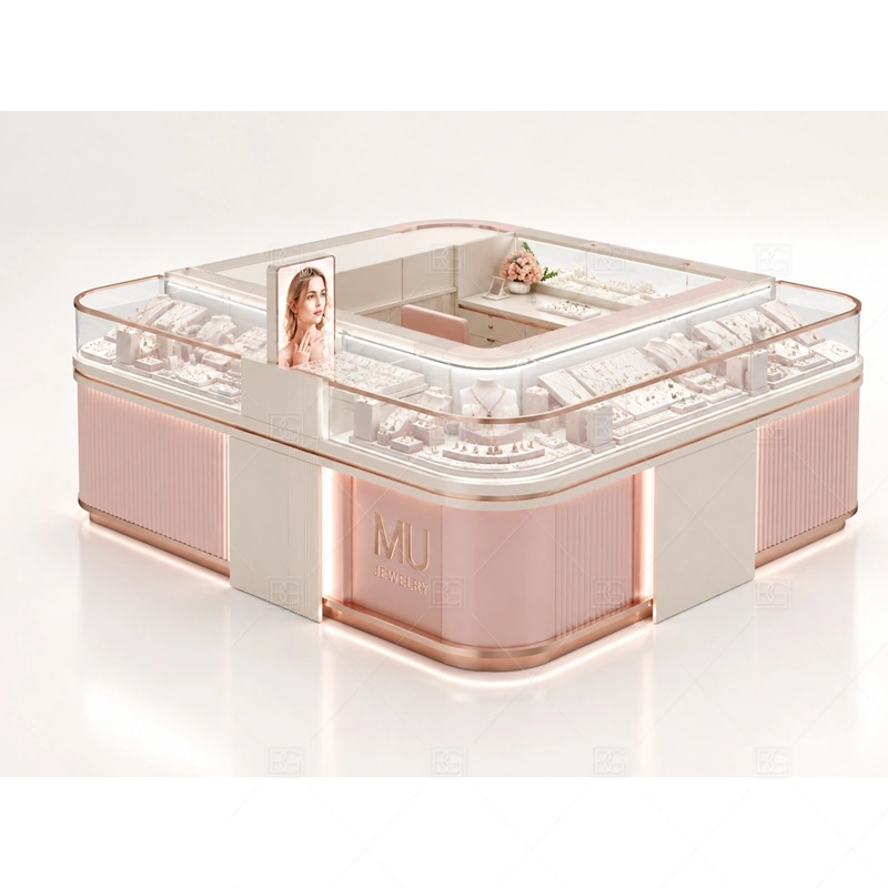 Pink Rounded Jewelry Kiosk with Glass Showcase layout showing rounded island layout shown in the pink rounded jewelry kiosk with glass showcase product photos, with gift-shopping traffic where quick browsing and secure staff access need to work together