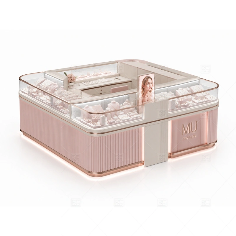 Pink Rounded Jewelry Kiosk with Glass Showcase glass display detail for rounded glass showcases for small accessories planned for rings, necklaces, watches, bracelets, gift sets, and small accessories in the pink rounded jewelry kiosk with glass showcase layout