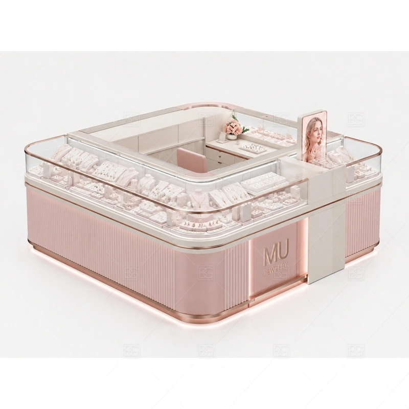 Pink Rounded Jewelry Kiosk with Glass Showcase lighting detail for LED strips, showcase spotlights, and warmer jewelry lighting adjusted around pink cabinet finish, rounded counter edges, and tempered glass for the pink rounded jewelry kiosk with glass showcase detail set