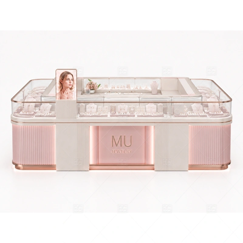 Pink Rounded Jewelry Kiosk with Glass Showcase brand signage detail for logo panel and optional lighted brand details coordinated with pink surfaces for fashion jewelry, gifting, and softer customer appeal for the pink rounded jewelry kiosk with glass showcase front presentation
