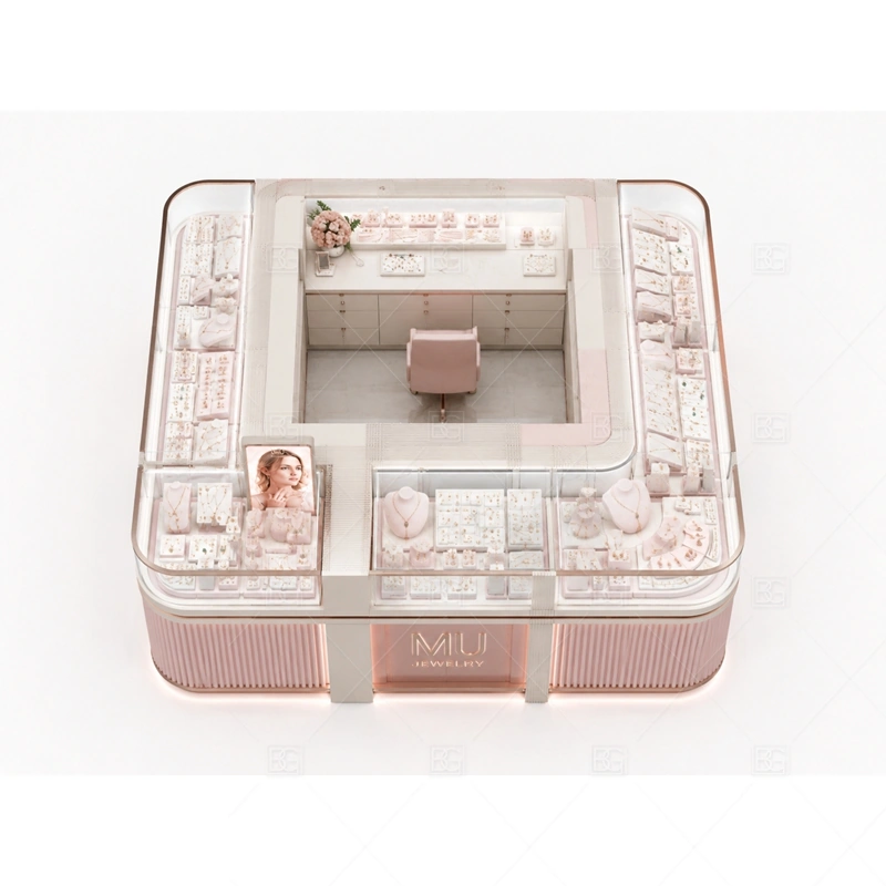 Pink Rounded Jewelry Kiosk with Glass Showcase storage and security detail for under-counter tray drawers, lockable stock cabinets, POS space, and packaging storage planned for pink rounded jewelry kiosk with glass showcase