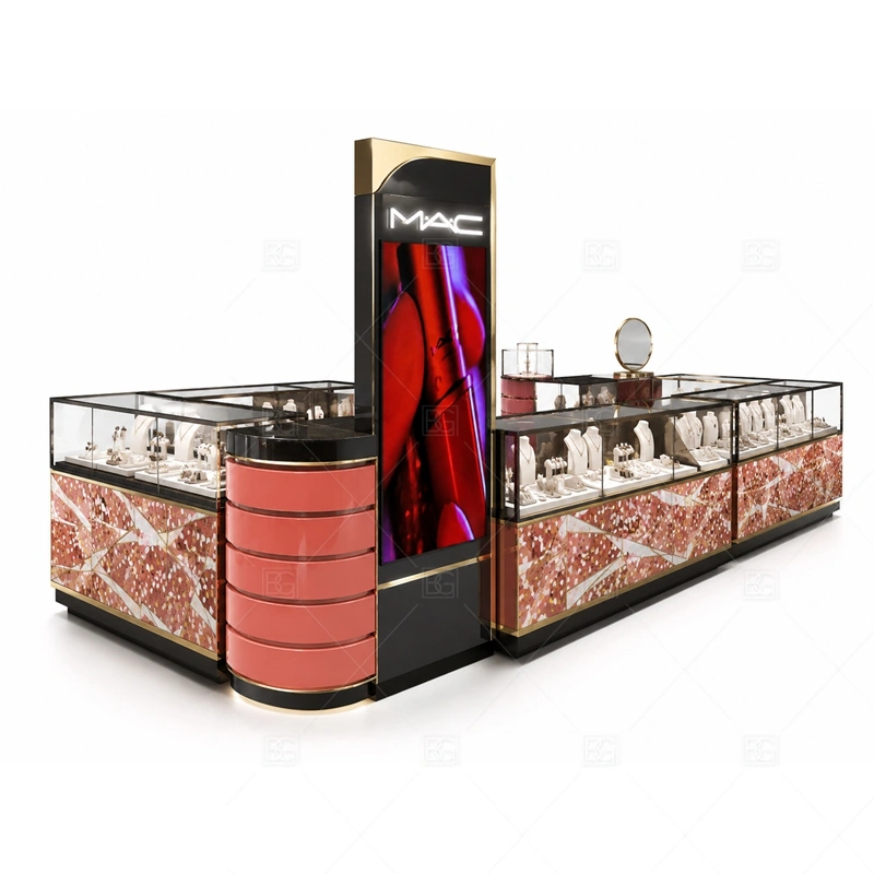 Red Black Jewelry Kiosk with Pattern Panels with black contrast panels for stronger luxury visibility shown in the red black jewelry kiosk with pattern panels product photos, with balanced glass counter planning for jewelry, watch, and accessory display