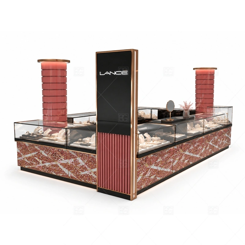 Red Black Jewelry Kiosk with Pattern Panels layout showing bold island counter layout shown in the red black jewelry kiosk with pattern panels product photos, with center-court traffic with customers approaching from several sides