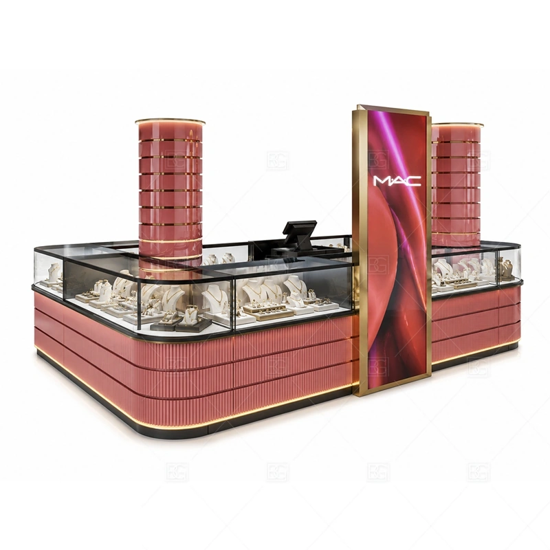 Red Black Jewelry Kiosk with Pattern Panels glass display detail for glass cases balanced with statement panel design planned for rings, necklaces, watches, bracelets, gift sets, and small accessories in the red black jewelry kiosk with pattern panels layout