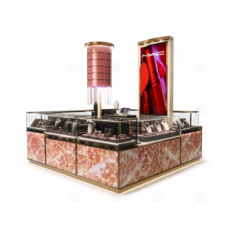 Red Black Jewelry Kiosk with Pattern Panels lighting detail for LED strips, showcase spotlights, and warmer jewelry lighting adjusted around red black cabinet panels, decorative pattern surfaces, and glass cases for the red black jewelry kiosk with pattern panels detail set