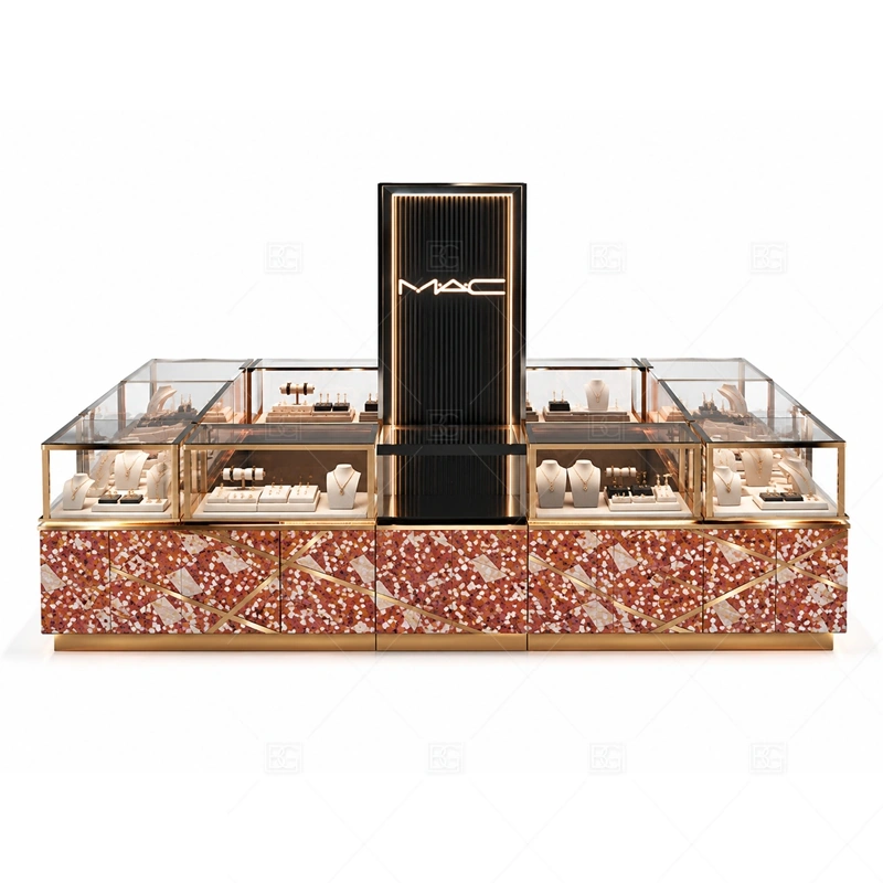 Red Black Jewelry Kiosk with Pattern Panels brand signage detail for front logo and patterned brand panels coordinated with black contrast panels for stronger luxury visibility for the red black jewelry kiosk with pattern panels front presentation