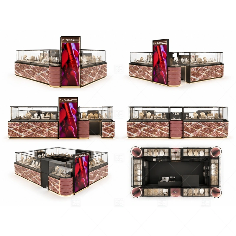 Red Black Jewelry Kiosk with Pattern Panels storage and security detail for under-counter tray drawers, lockable stock cabinets, POS space, and packaging storage planned for red black jewelry kiosk with pattern panels