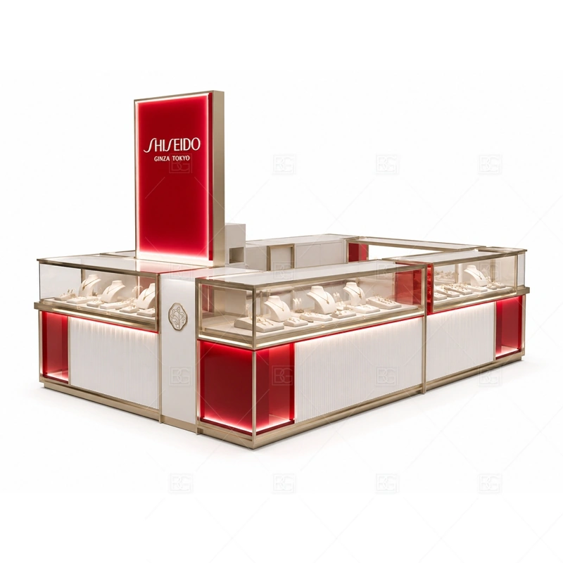 Red White Jewelry Kiosk with Tall Sign with white cabinet panels for a clean bright jewelry display shown in the red white jewelry kiosk with tall sign product photos, with tall signage planning for long-distance mall visibility