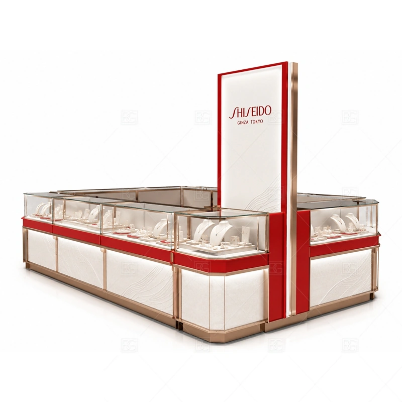 Red White Jewelry Kiosk with Tall Sign layout showing island layout with vertical brand sign shown in the red white jewelry kiosk with tall sign product photos, with gift-shopping traffic where quick browsing and secure staff access need to work together