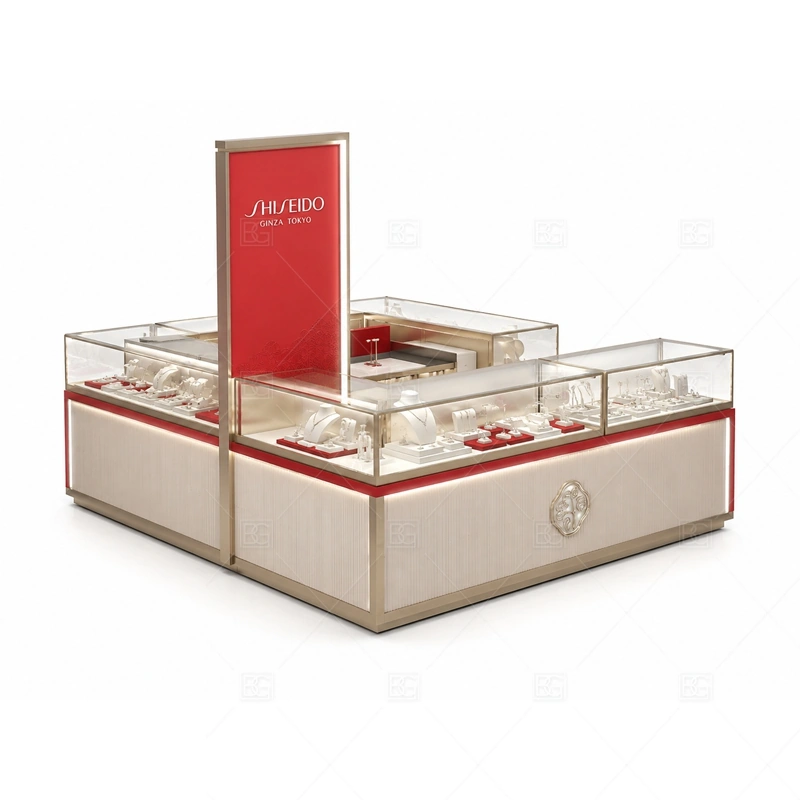 Red White Jewelry Kiosk with Tall Sign glass display detail for glass display counters for jewelry and accessories planned for rings, necklaces, watches, bracelets, gift sets, and small accessories in the red white jewelry kiosk with tall sign layout
