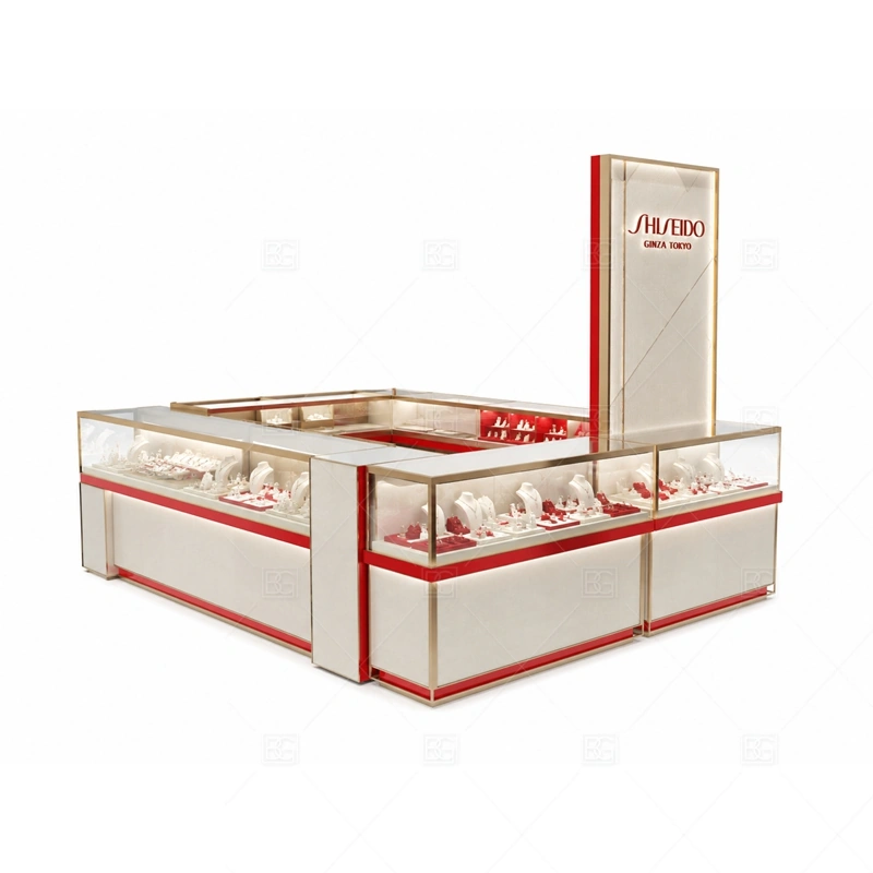 Red White Jewelry Kiosk with Tall Sign lighting detail for LED strips, showcase spotlights, and warmer jewelry lighting adjusted around red white cabinet panels, glass showcases, and sign structure for the red white jewelry kiosk with tall sign detail set