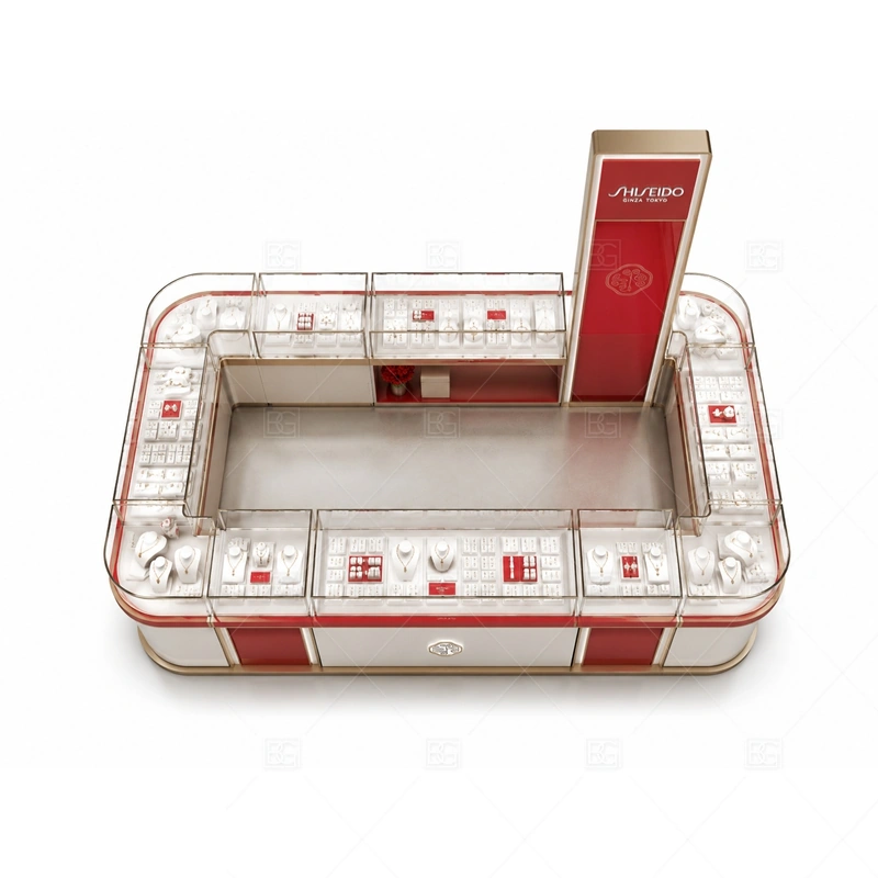 Red White Jewelry Kiosk with Tall Sign storage and security detail for under-counter tray drawers, lockable stock cabinets, POS space, and packaging storage planned for red white jewelry kiosk with tall sign