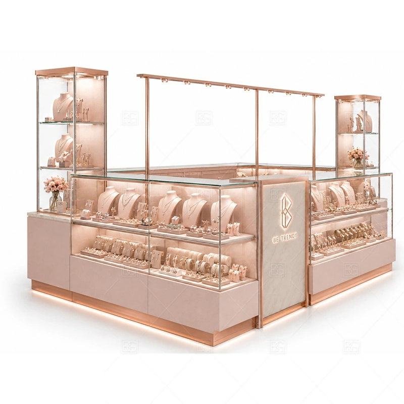 Rose Gold Jewelry Kiosk with Corner Displays with rose gold trim for a softer bridal and boutique jewelry look shown in the rose gold jewelry kiosk with corner displays product photos, with balanced glass counter planning for jewelry, watch, and accessory display