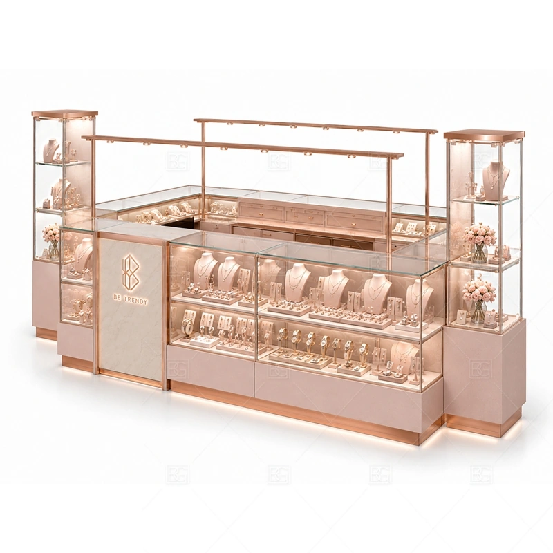 Rose Gold Jewelry Kiosk with Corner Displays layout showing island layout with corner showcase focus shown in the rose gold jewelry kiosk with corner displays product photos, with premium retail traffic where lighting, glass clarity, and brand finish affect purchase confidence