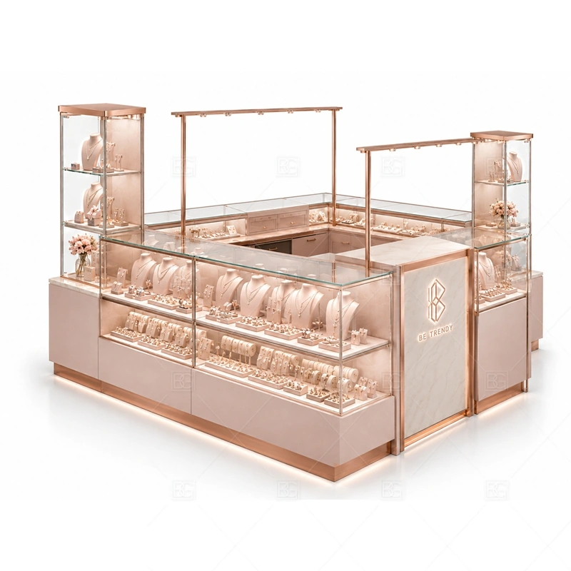 Rose Gold Jewelry Kiosk with Corner Displays glass display detail for corner glass displays for featured products planned for rings, necklaces, watches, bracelets, gift sets, and small accessories in the rose gold jewelry kiosk with corner displays layout