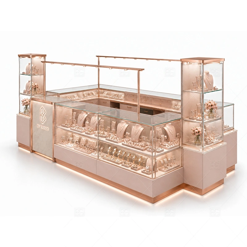Rose Gold Jewelry Kiosk with Corner Displays lighting detail for LED strips, showcase spotlights, and warmer jewelry lighting adjusted around rose gold metal trim, glass showcases, and refined panels for the rose gold jewelry kiosk with corner displays detail set