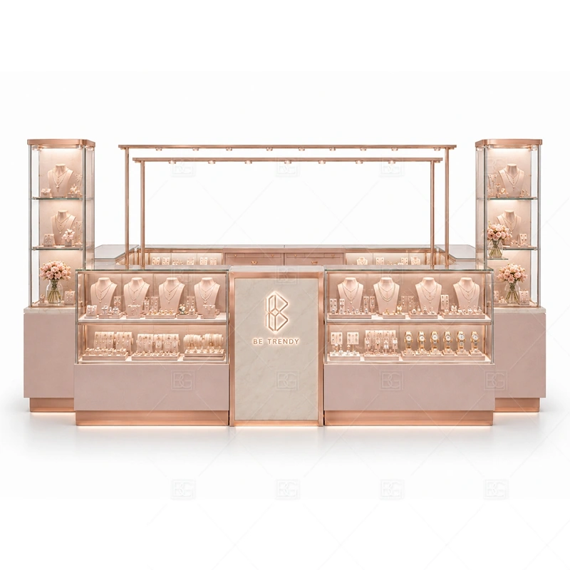 Rose Gold Jewelry Kiosk with Corner Displays brand signage detail for logo accents matched to rose gold trim coordinated with rose gold trim for a softer bridal and boutique jewelry look for the rose gold jewelry kiosk with corner displays front presentation