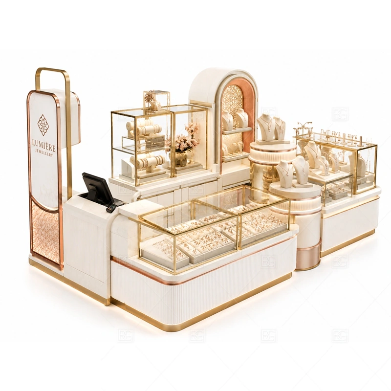 Rose Gold Jewelry Kiosk with Display Towers with rose gold trim for a softer bridal and boutique jewelry look shown in the rose gold jewelry kiosk with display towers product photos, with balanced glass counter planning for jewelry, watch, and accessory display