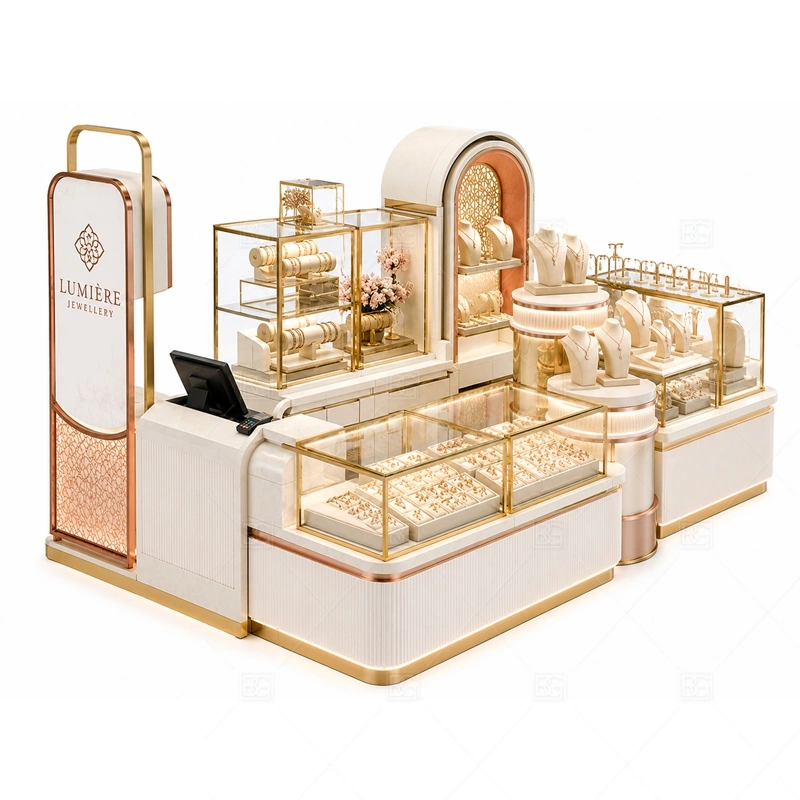 Rose Gold Jewelry Kiosk with Display Towers layout showing island layout with display towers shown in the rose gold jewelry kiosk with display towers product photos, with gift-shopping traffic where quick browsing and secure staff access need to work together