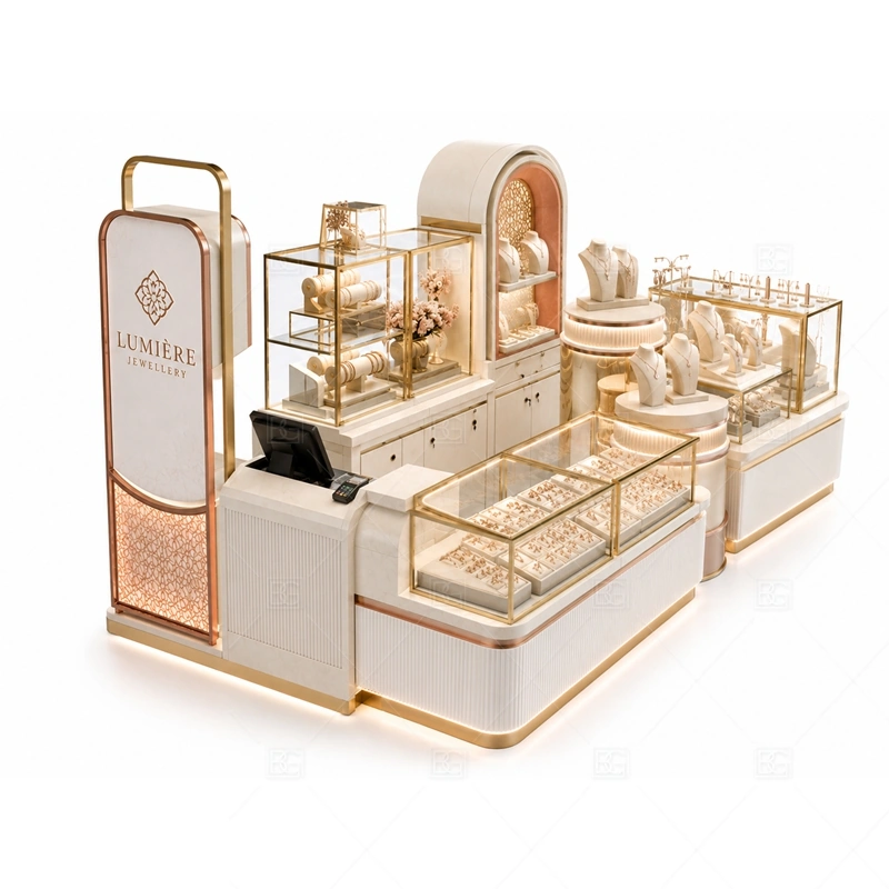 Rose Gold Jewelry Kiosk with Display Towers glass display detail for glass counters plus tower display zones planned for rings, necklaces, watches, bracelets, gift sets, and small accessories in the rose gold jewelry kiosk with display towers layout