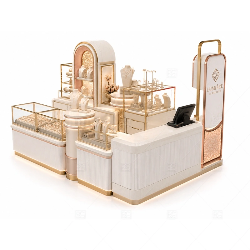 Rose Gold Jewelry Kiosk with Display Towers lighting detail for LED strips, showcase spotlights, and warmer jewelry lighting adjusted around rose gold trim, glass counters, and vertical display structures for the rose gold jewelry kiosk with display towers detail set