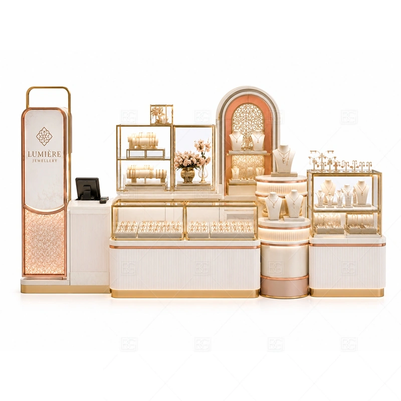 Rose Gold Jewelry Kiosk with Display Towers brand signage detail for tower-based logo or feature display areas coordinated with rose gold trim for a softer bridal and boutique jewelry look for the rose gold jewelry kiosk with display towers front presentation
