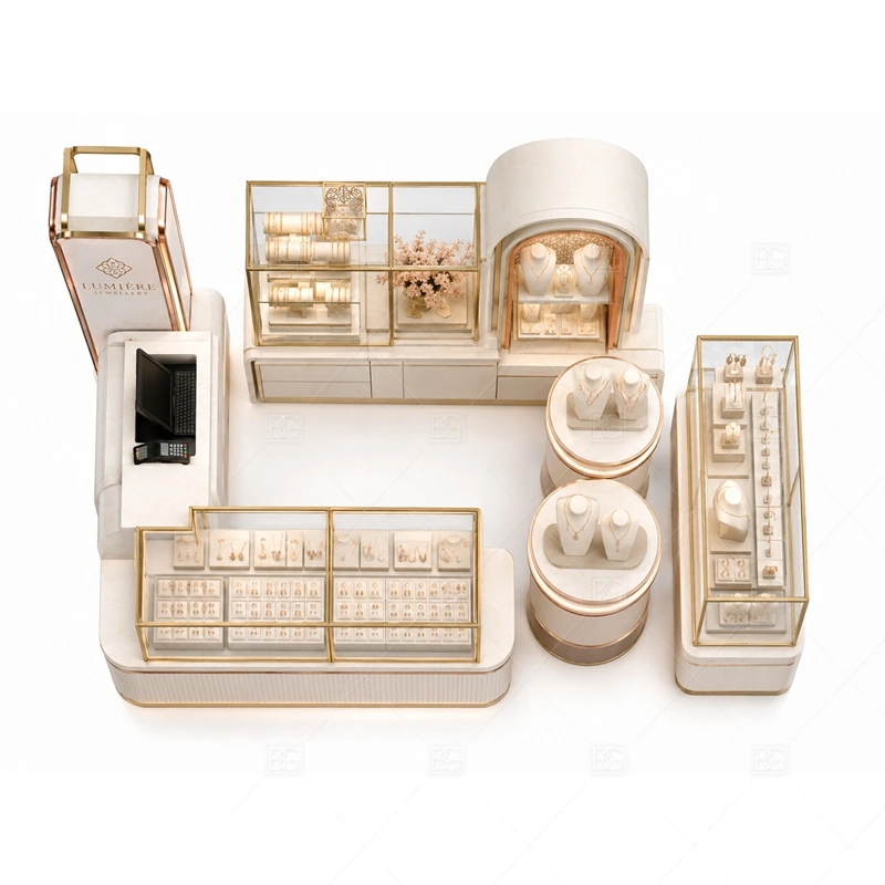 Rose Gold Jewelry Kiosk with Display Towers storage and security detail for under-counter tray drawers, lockable stock cabinets, POS space, and packaging storage planned for rose gold jewelry kiosk with display towers