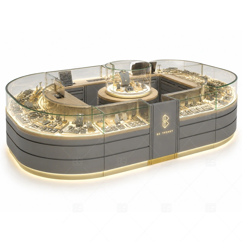 Round Glass Jewelry Kiosk for Retail with custom color and finish planning for a clear jewelry retail identity shown in the round glass jewelry kiosk for retail product photos, with rounded counter flow that softens customer movement around the showcases