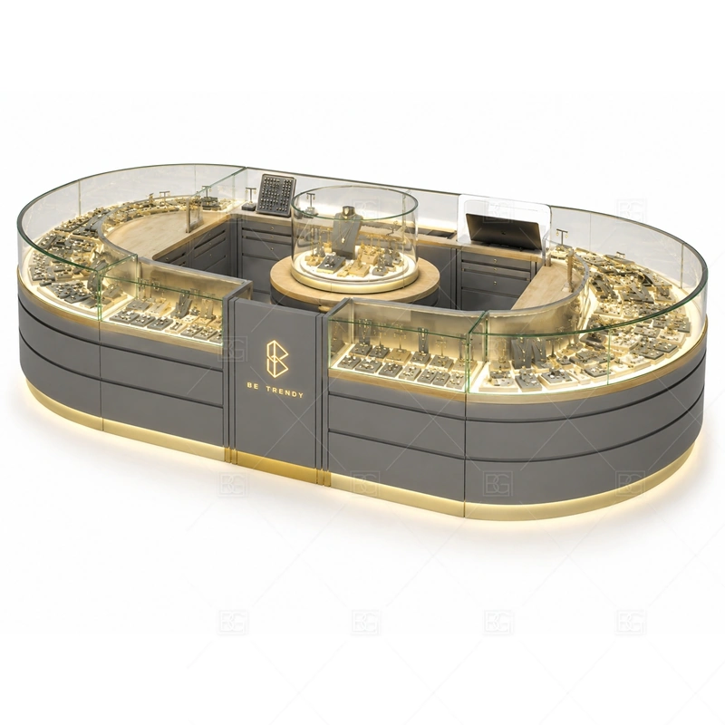 Round Glass Jewelry Kiosk for Retail layout showing round island display layout shown in the round glass jewelry kiosk for retail product photos, with premium retail traffic where lighting, glass clarity, and brand finish affect purchase confidence