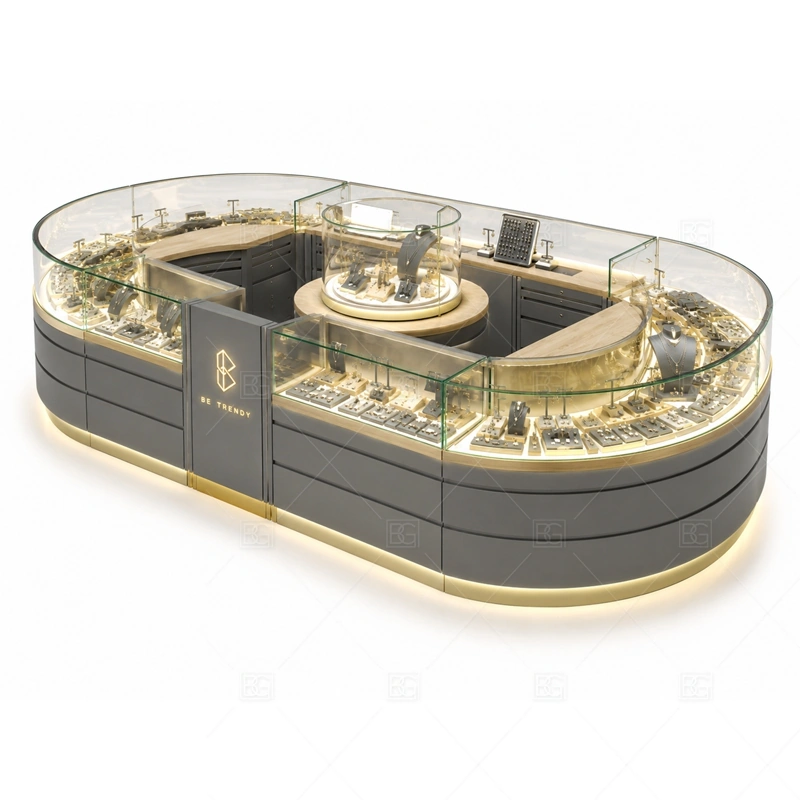 Round Glass Jewelry Kiosk for Retail glass display detail for round glass showcases for featured jewelry planned for rings, necklaces, watches, bracelets, gift sets, and small accessories in the round glass jewelry kiosk for retail layout