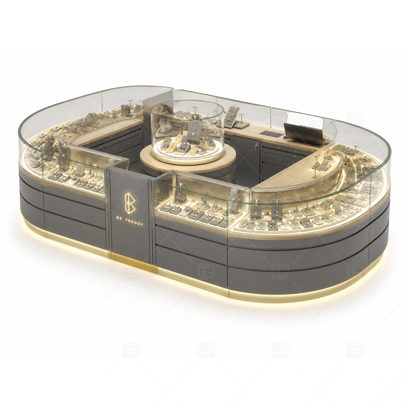 Round Glass Jewelry Kiosk for Retail lighting detail for LED strips, showcase spotlights, and warmer jewelry lighting adjusted around tempered glass, durable cabinet base, and metal fittings for the round glass jewelry kiosk for retail detail set
