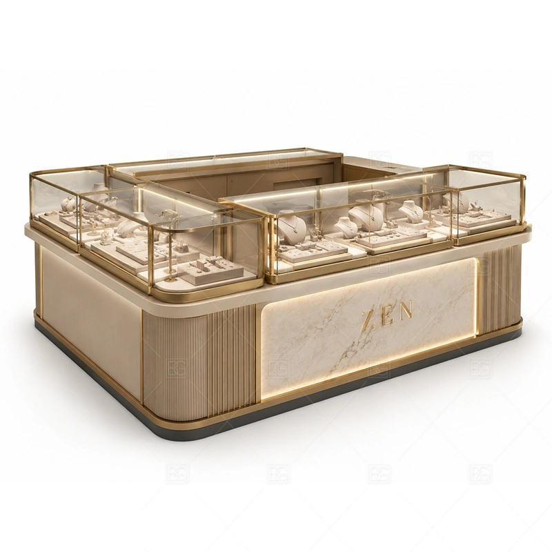 Rounded Beige Jewelry Kiosk with Gold Trim with warm gold accents for a premium jewelry presentation shown in the rounded beige jewelry kiosk with gold trim product photos, with rounded counter flow that softens customer movement around the showcases