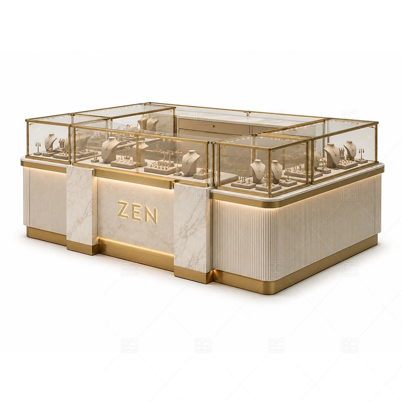 Rounded Beige Jewelry Kiosk with Gold Trim layout showing rounded island counter layout shown in the rounded beige jewelry kiosk with gold trim product photos, with gift-shopping traffic where quick browsing and secure staff access need to work together