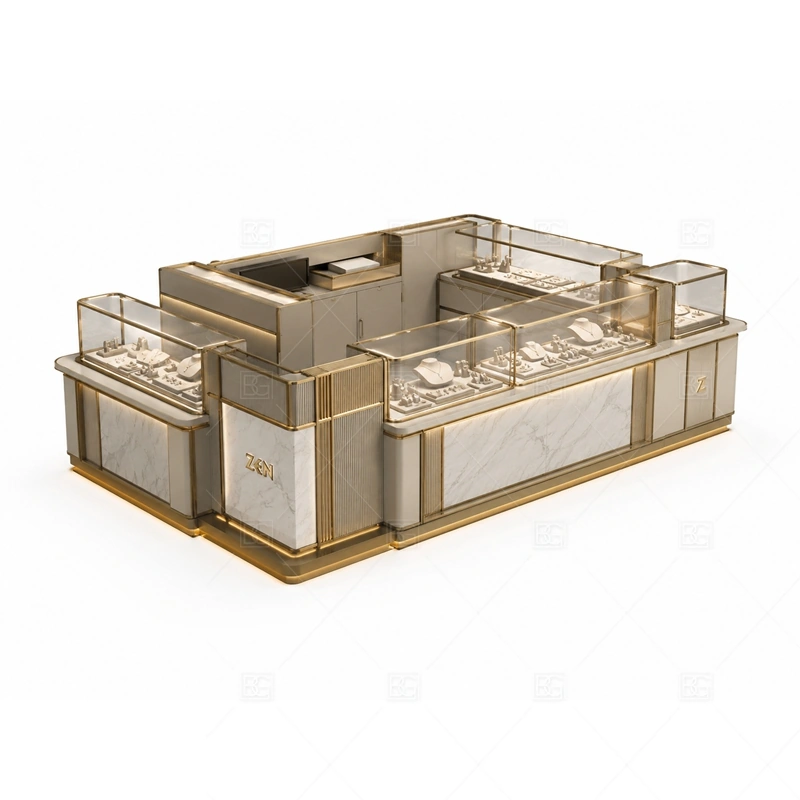 Rounded Beige Jewelry Kiosk with Gold Trim glass display detail for curved glass showcases around the counter planned for rings, necklaces, watches, bracelets, gift sets, and small accessories in the rounded beige jewelry kiosk with gold trim layout