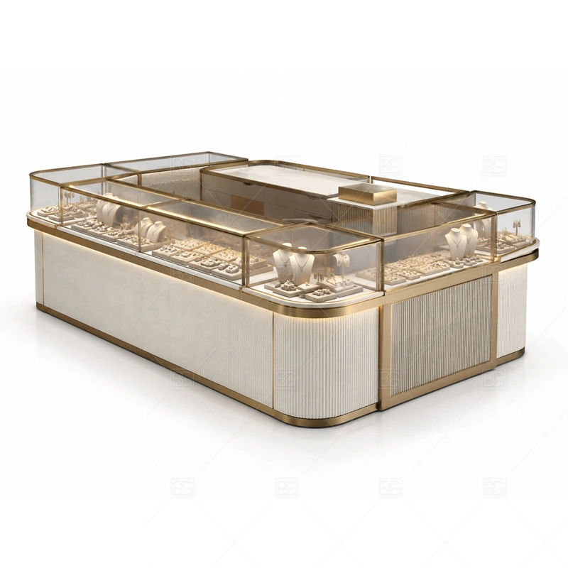 Rounded Beige Jewelry Kiosk with Gold Trim lighting detail for LED strips, showcase spotlights, and warmer jewelry lighting adjusted around beige panels, gold metal trim, and curved glass for the rounded beige jewelry kiosk with gold trim detail set