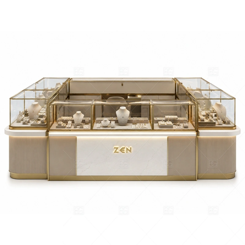 Rounded Beige Jewelry Kiosk with Gold Trim brand signage detail for gold logo accents and refined front panels coordinated with warm gold accents for a premium jewelry presentation for the rounded beige jewelry kiosk with gold trim front presentation