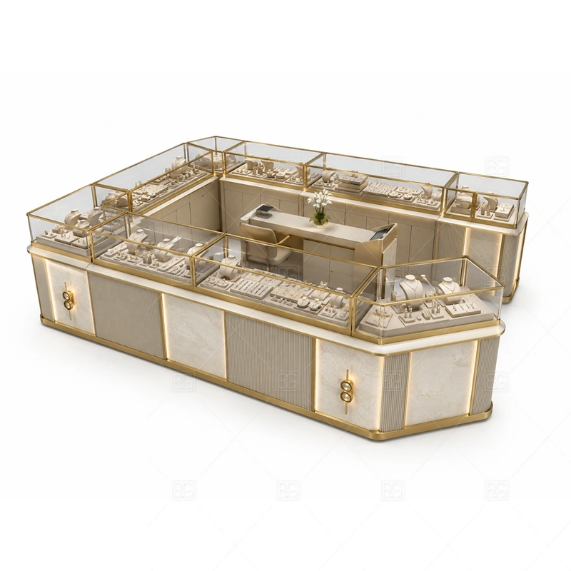 Rounded Beige Jewelry Kiosk with Gold Trim storage and security detail for under-counter tray drawers, lockable stock cabinets, POS space, and packaging storage planned for rounded beige jewelry kiosk with gold trim