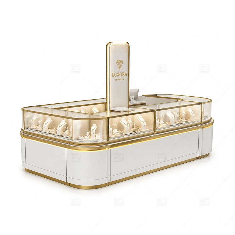 Rounded White Jewelry Kiosk with Gold Trim with warm gold accents for a premium jewelry presentation shown in the rounded white jewelry kiosk with gold trim product photos, with rounded counter flow that softens customer movement around the showcases