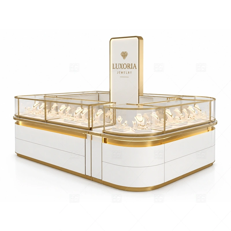 Rounded White Jewelry Kiosk with Gold Trim layout showing rounded premium island layout shown in the rounded white jewelry kiosk with gold trim product photos, with gift-shopping traffic where quick browsing and secure staff access need to work together