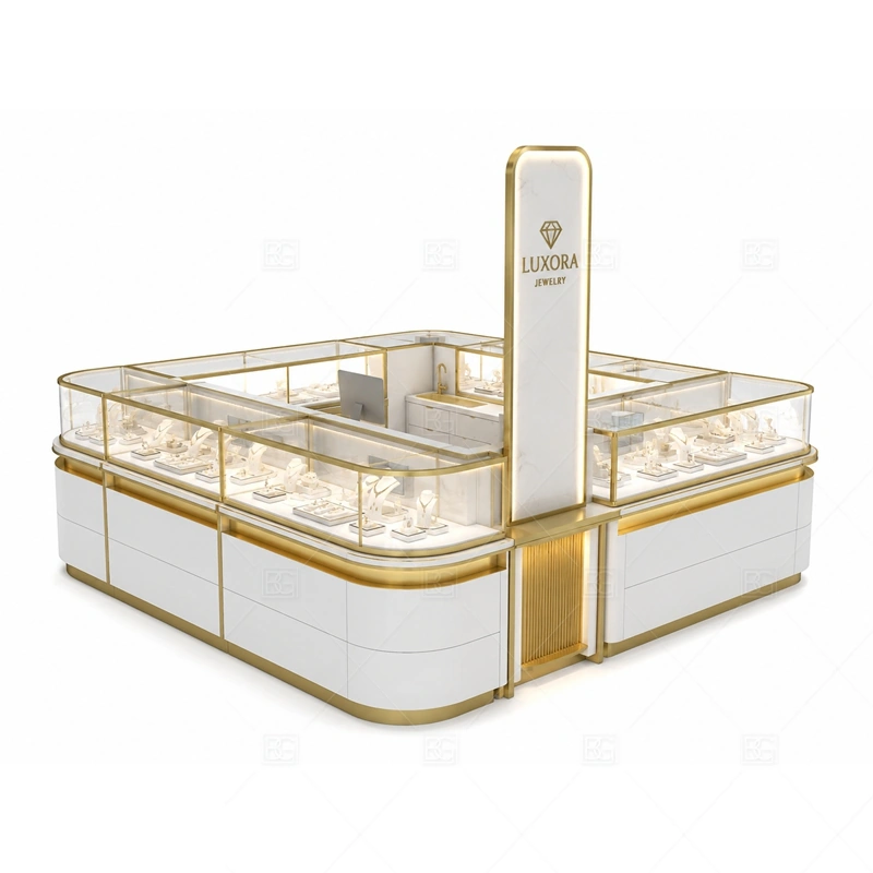 Rounded White Jewelry Kiosk with Gold Trim glass display detail for curved glass display counters planned for rings, necklaces, watches, bracelets, gift sets, and small accessories in the rounded white jewelry kiosk with gold trim layout