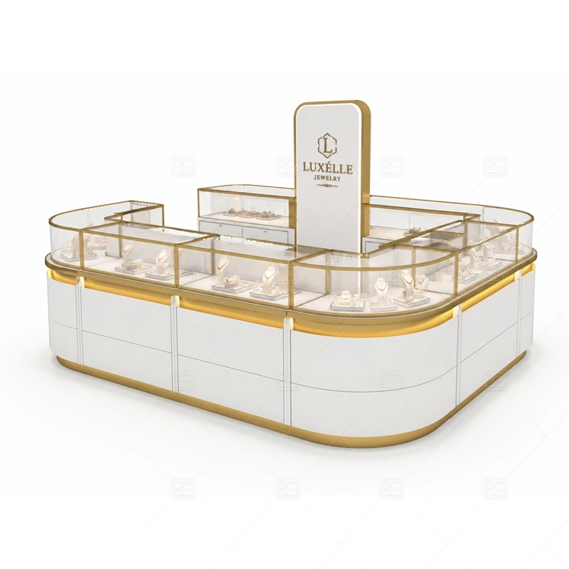 Rounded White Jewelry Kiosk with Gold Trim lighting detail for LED strips, showcase spotlights, and warmer jewelry lighting adjusted around white panels, gold stainless trim, and curved glass for the rounded white jewelry kiosk with gold trim detail set