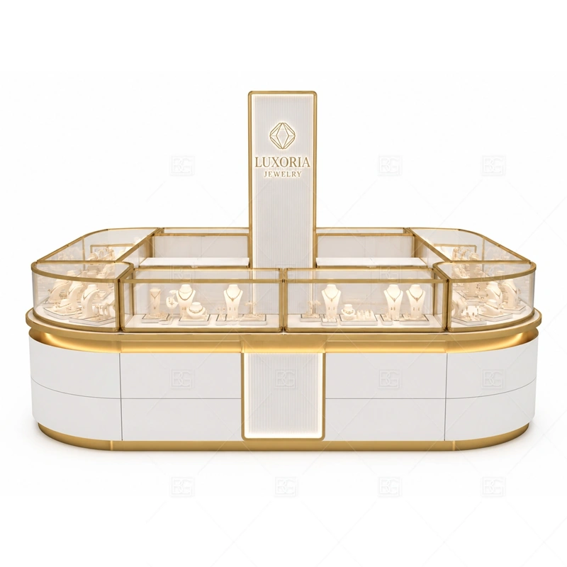 Rounded White Jewelry Kiosk with Gold Trim brand signage detail for gold-trimmed logo and clean front branding coordinated with warm gold accents for a premium jewelry presentation for the rounded white jewelry kiosk with gold trim front presentation
