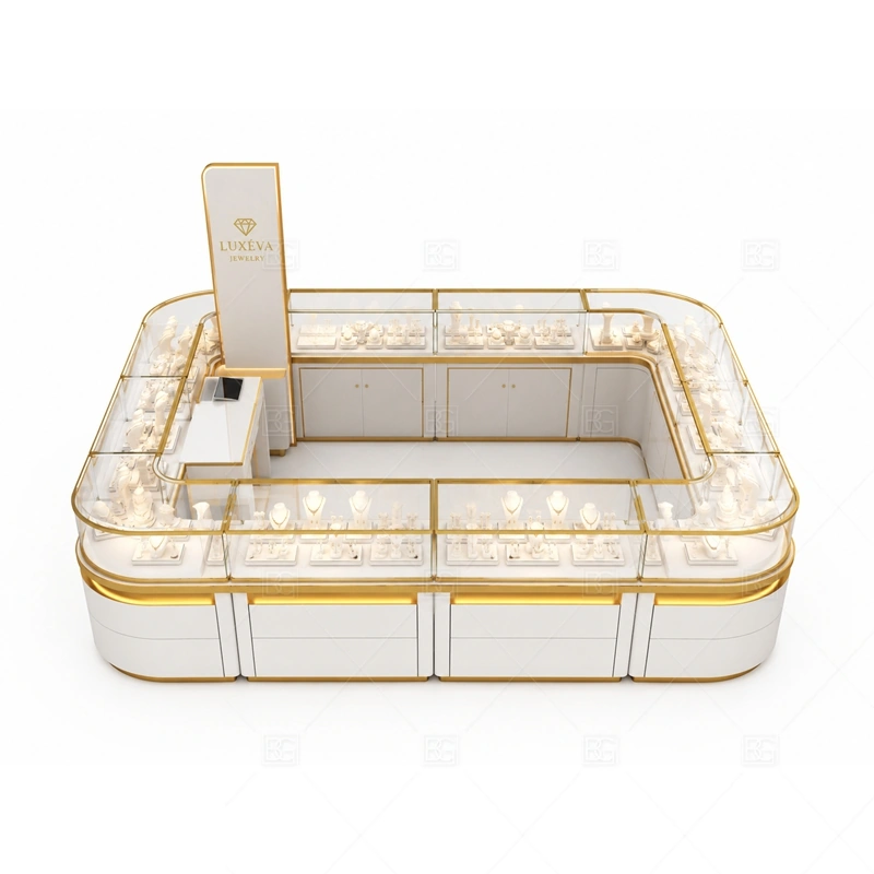 Rounded White Jewelry Kiosk with Gold Trim storage and security detail for under-counter tray drawers, lockable stock cabinets, POS space, and packaging storage planned for rounded white jewelry kiosk with gold trim
