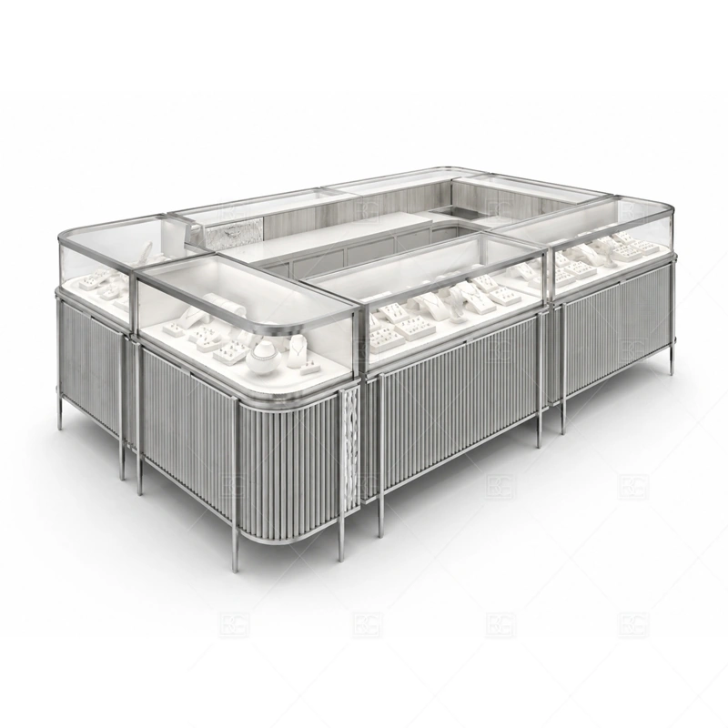 Silver Jewelry Kiosk with Ribbed Panels with silver trim and neutral surfaces for a clean modern retail image shown in the silver jewelry kiosk with ribbed panels product photos, with ribbed panel details for a textured modern jewelry fixture look