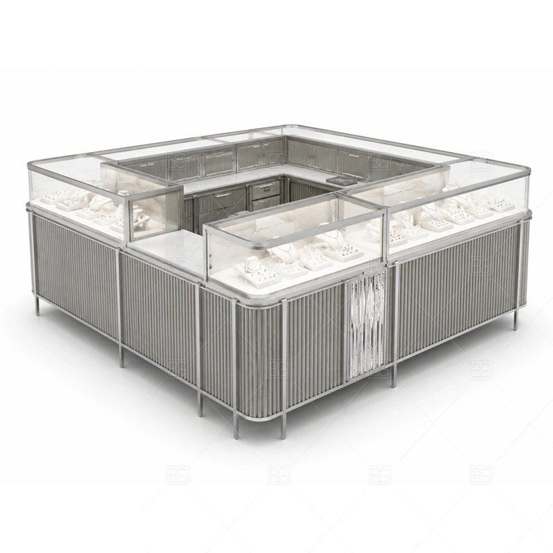 Silver Jewelry Kiosk with Ribbed Panels layout showing textured island counter layout shown in the silver jewelry kiosk with ribbed panels product photos, with center-court traffic with customers approaching from several sides