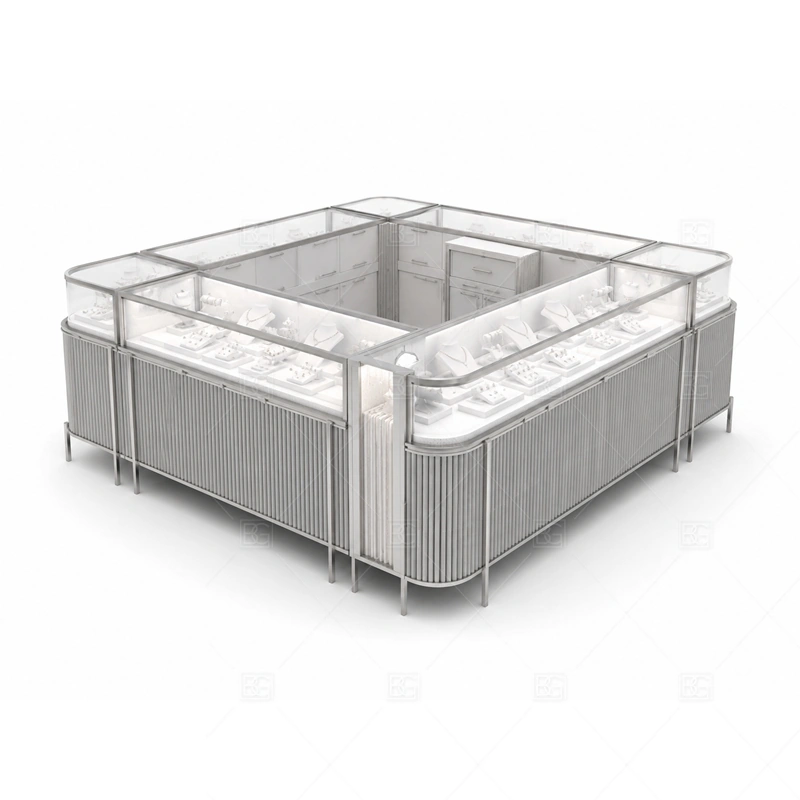 Silver Jewelry Kiosk with Ribbed Panels glass display detail for glass display counters with ribbed cabinet bases planned for rings, necklaces, watches, bracelets, gift sets, and small accessories in the silver jewelry kiosk with ribbed panels layout