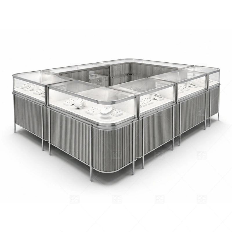 Silver Jewelry Kiosk with Ribbed Panels lighting detail for LED strips, showcase spotlights, and warmer jewelry lighting adjusted around silver metal trim, ribbed panels, and glass cases for the silver jewelry kiosk with ribbed panels detail set
